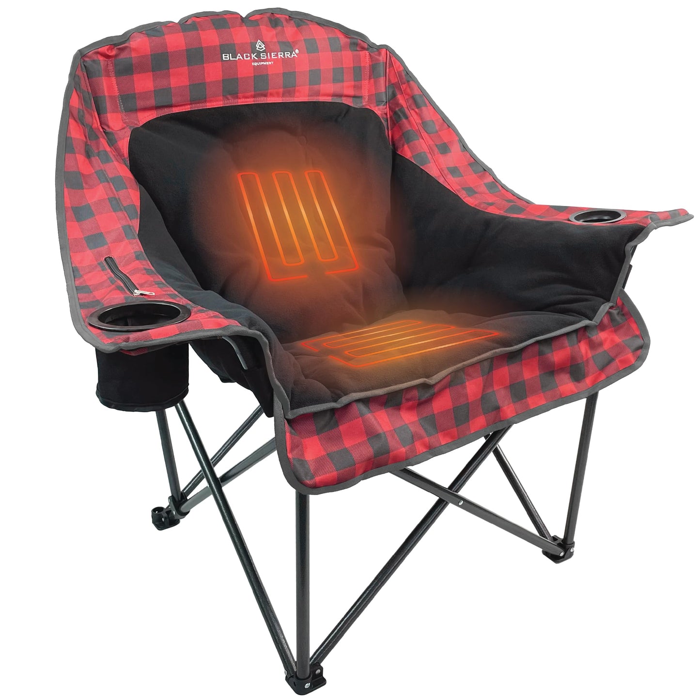 Black Sierra Heated Camping Chair for Adults, Oversized Outdoor Seat with Plush Padding, Supports 400lbs, Cup Holders and Carry Bag, Heavy Duty Folding Chair for Tailgating, Patio, or Sideline Comfort