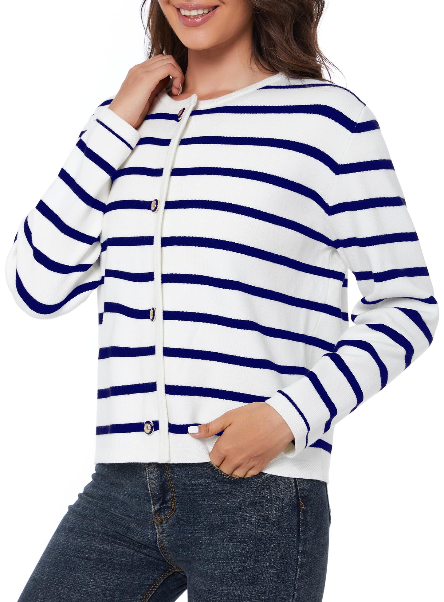 LATAHUO Women's Striped Cardigan Sweater Trendy Long Sleeve Button Down Crewneck Knit Cardigans(Navy+White, Medium)