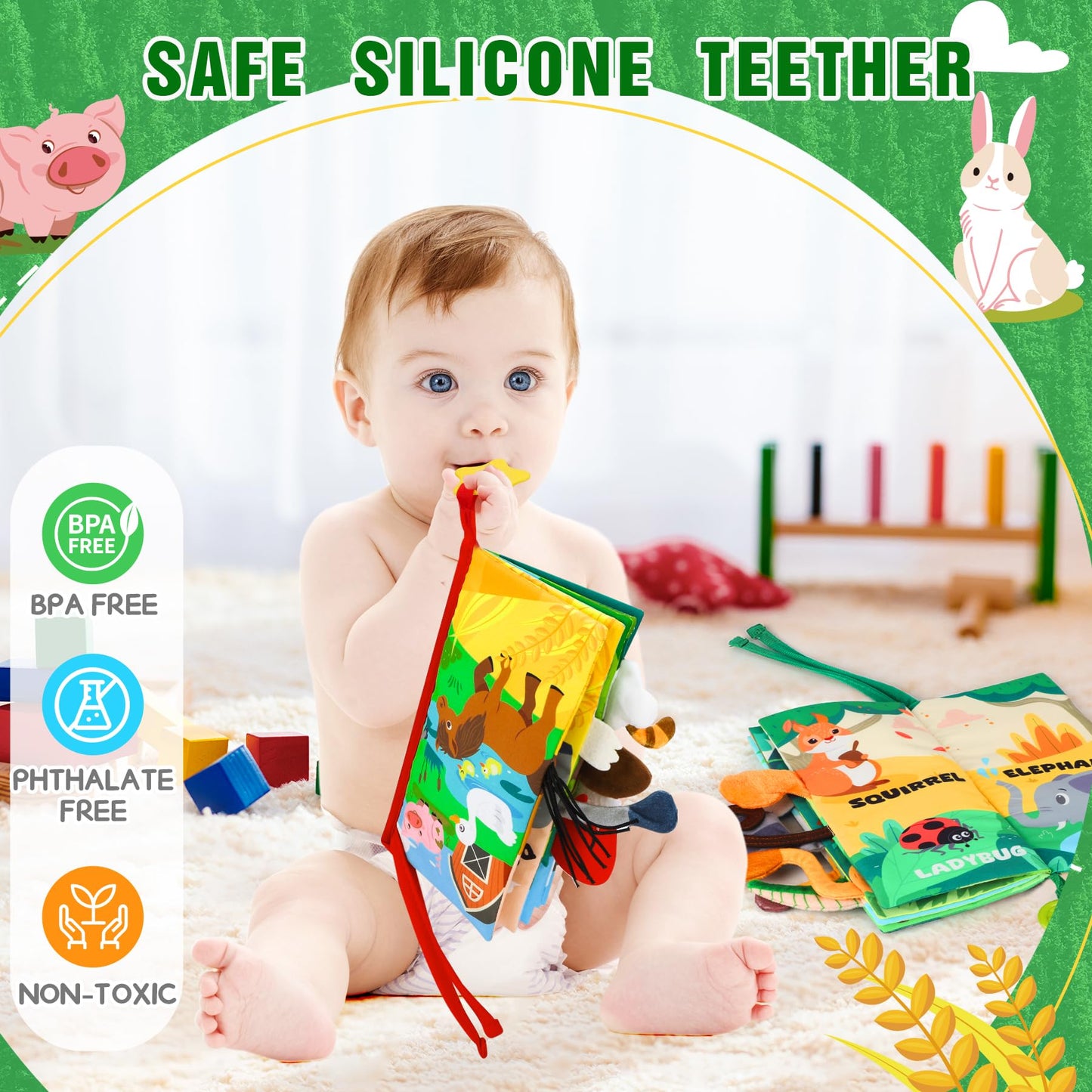 BBWOO Baby Book Toy 0-6 Months - Baby Boy Girl Shower Gift - Tummy Time Toy for Infant 6 to 12 Months - Touch and Feel Crinkle Book for Newborn Toddler with Teether - Easter Basket Essentials Stuffers