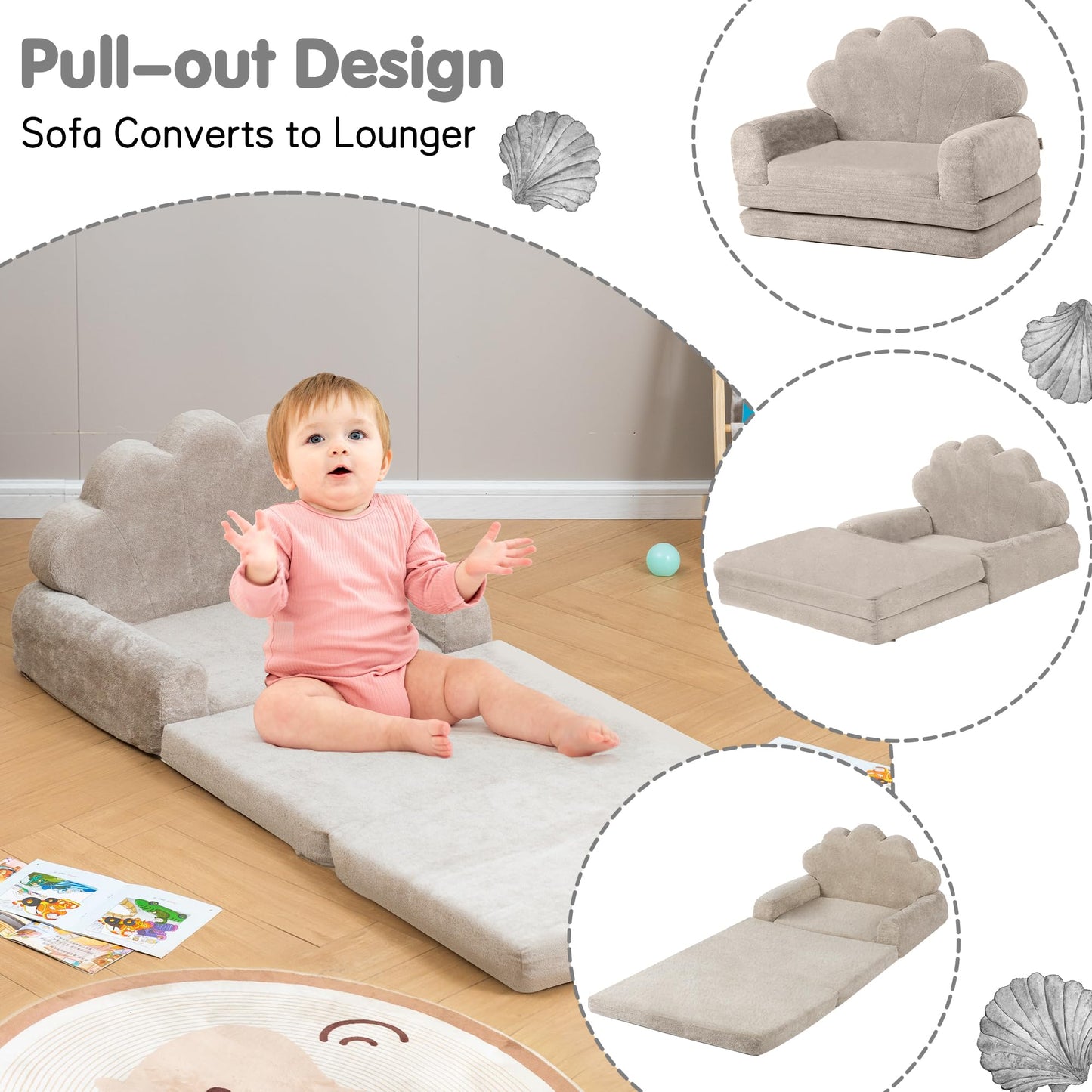 spanspace 2-in-1 Kids Couch, Toddler Couch Fold Out, Comfy Toddler Chair, Convertible Kids Sofa to Lounger with Pocket and Removable Cover