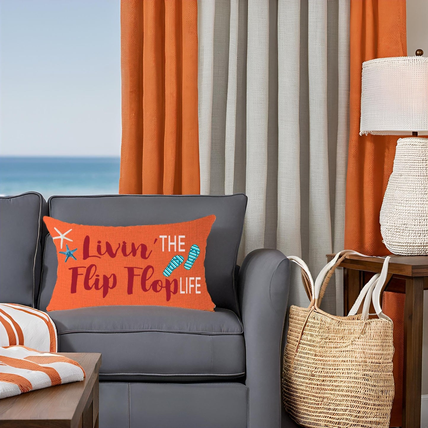 FELENIW Livin' The Flip Flop Life Starfish Shell Fun Quote Gift for Beach Lake Camping Outdoor Throw Pillow Cover Cushion Case Cotton Linen Decorative Lumbar 12x20 inch