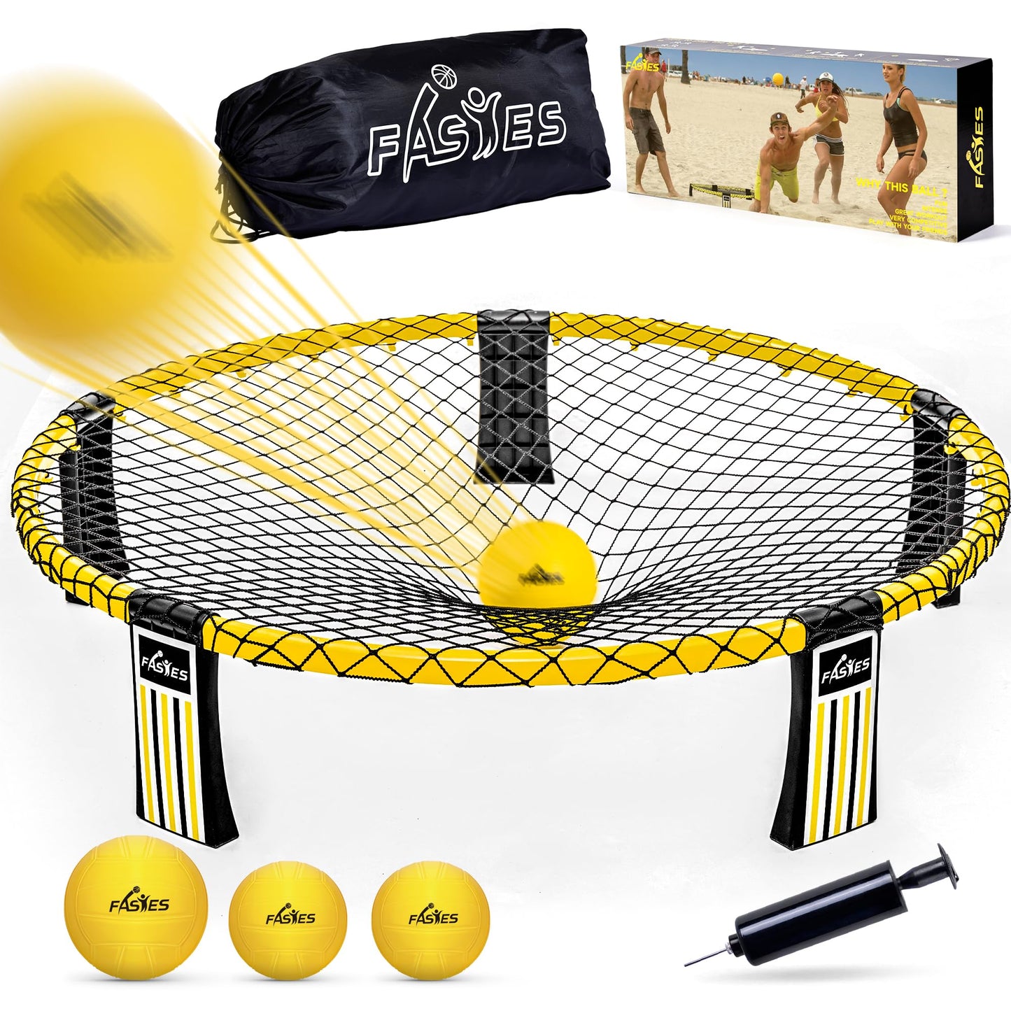 Outdoor Beach Ball Game Includes 3 Balls, Net and Carrying Bag -Roundnet Game Set for Adults, Kids, and Family - Perfect for Beach, Yard, Lawn, Backyard, and Park