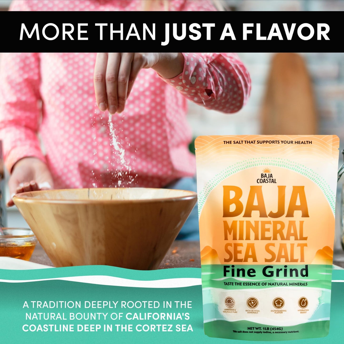 Baja Coastal - Baja Mineral Sea Salt, Fine Grind, 1lb - 16oz. 100% Organic & Unrefined, Rich in Essential Minerals, Low Sodium Salt, Perfect for Cooking, Plating, Hydration, and Grinding, Hand Harvested Crystals from the Sea of Cortez