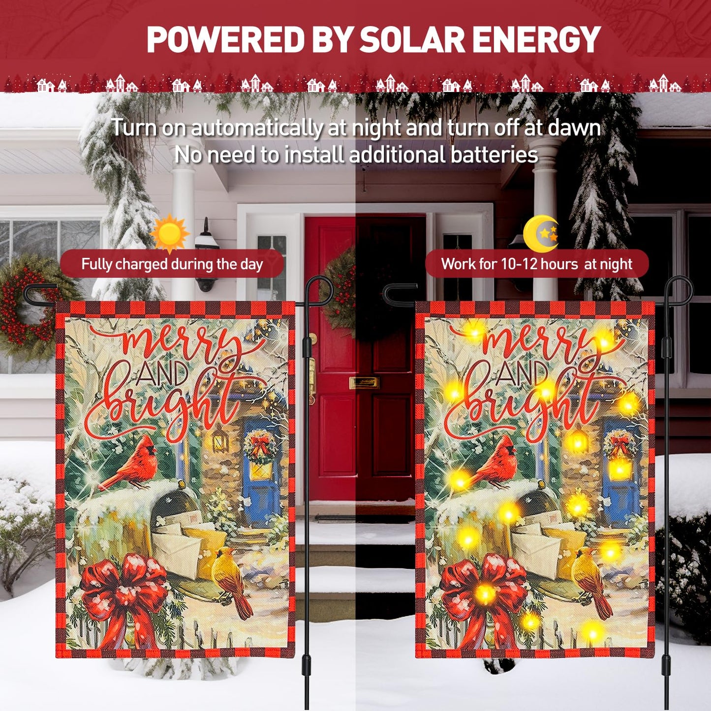 Vigor Home Merry and Bright Solar Led Lighted Garden Flag, Outdoor Lighted Decoration Xmas Greeting Mailbox Cardinal Cozy Home Yard Banner for Winter Holiday Outside Decor 12 x 18 Inch
