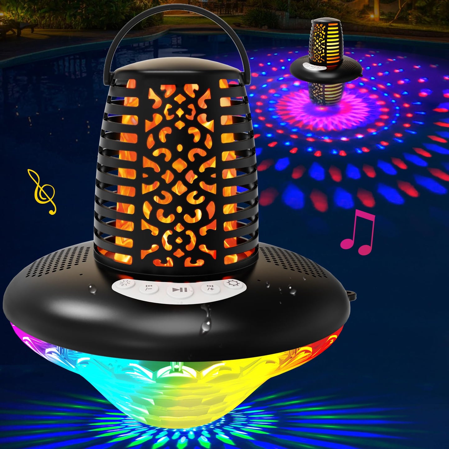 KingSom Floating Pool Speaker,Bluetooth Pool Speaker with LED Flame Light and RGB Light,IP68 Waterproof Bluetooth Speakers,Loud Stereo Sound,TWS Pairing,Built-in Mic,Hot Tub Speakers,Black