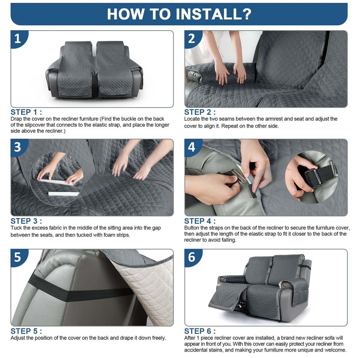 TAOCOCO Loveseat Recliner Cover Non-Slip Sofa Slipcover, Pet Cover for Loveseat Recliner with Elastic Straps, Washable Reclining Loveseat Covers Recliner Furniture Protector (2 Seater, Dark Grey)