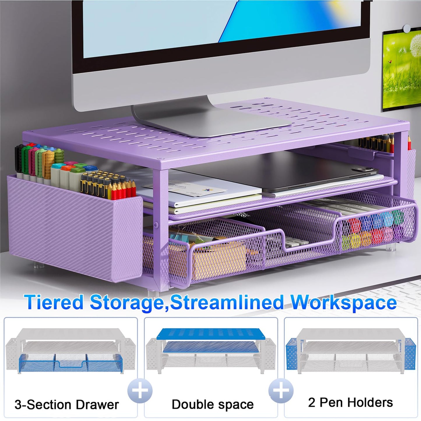 gianotter Desk Organizers and Accessories, Monitor Stand with Drawer and 2 Pen Holder, Purple Desk Accessories, Computer Stand Suitable for Offices and Dormitories (Purple)