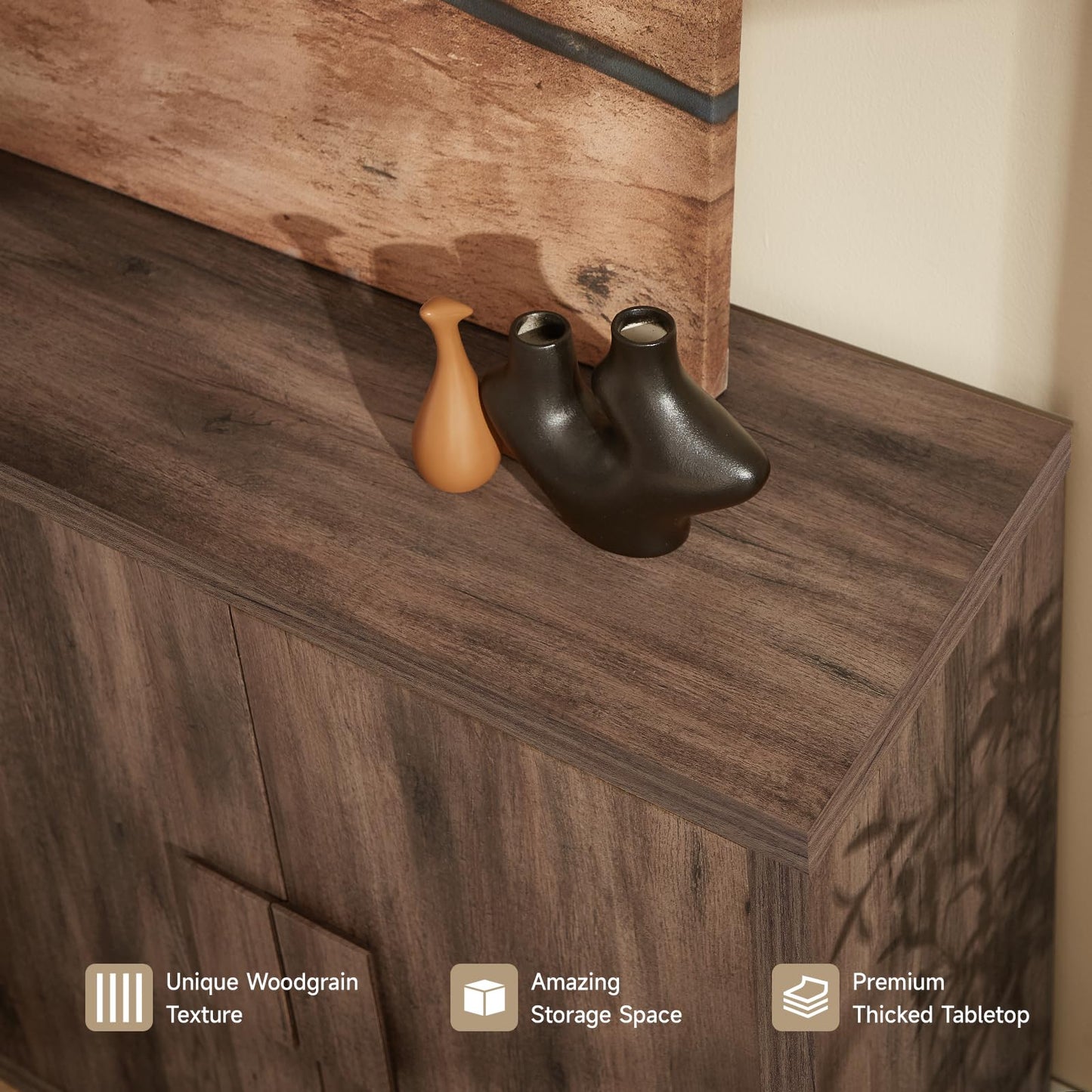 Lefurture 63 Inch Long Buffet Cabinet with Storage, Farmhouse Woodgrain Sideboard Modern Credenza with Doors & Shelves, Mid Century Coffee Bar Wine Bar Storage Cabinet for Living Room, Hallway