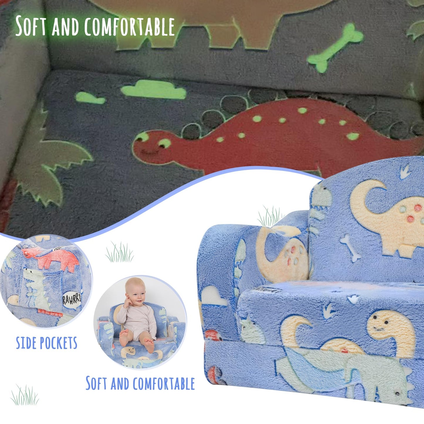 Thick Comfy Toddler Chair and Couch for Kids,2-in-1 Soft Plush Fold Out Sofa for Children,Convertible Couch to Lounger for Toddler