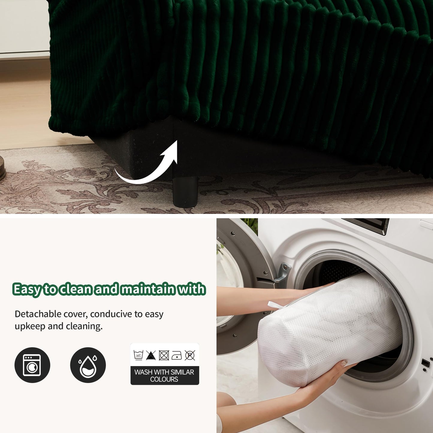 Ravy Concept 49" Slipcovered Chaise Lounge Chair, Corduroy Accent Chair with Removable Covers, 1-Seater Sofa with Movable Ottoman, Deep Seat Single Sofa Couch for Living Room (Green)