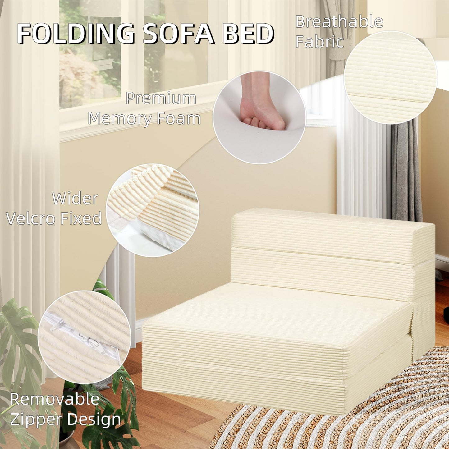 IBXFO Folding Sofa Bed, Convertible Sleeper with High Density Foam, Foldable Chair Bed Mattress, Futon Floor Couch for Living Room, Guest Room, Twin, White