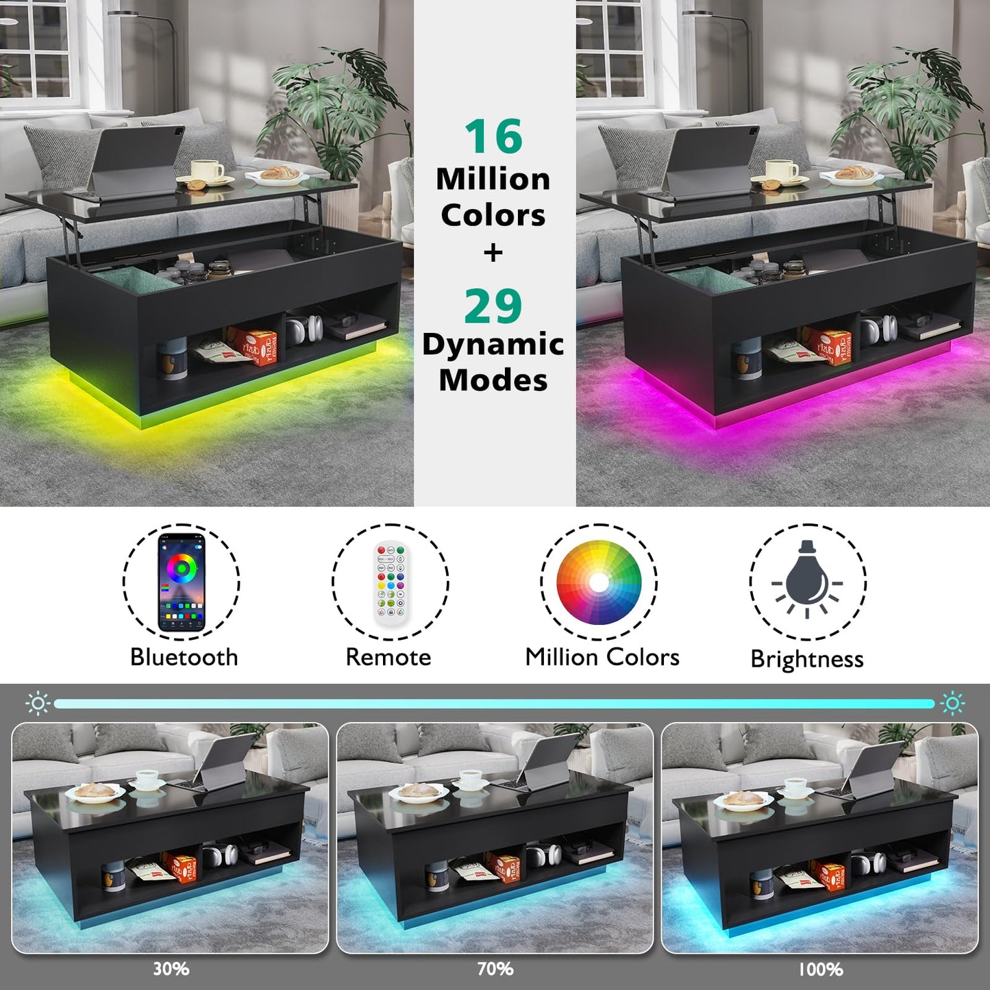 HOMMPA 40" Modern LED Coffee Table with Storage for Living Room, Lift Top Coffee Table with 2 Shelves, High Glossy Wooden Dining Table, Multifunctional Furniture for Bedroom Home Office, Black