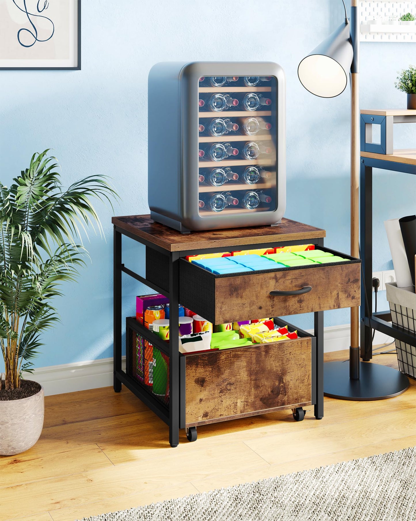 CHOEZON End Table, 19.7 Inch Square Side Table, Mini Fridge Stand with Storage, Nightstand with Mobile Basket Cart, for Living Room, Bedroom, Rustic Brown and Black TBZ55BF