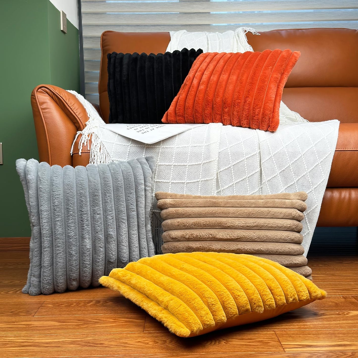 20x20 Throw Pillow Covers Set of 2, Decorative Faux Fur Covers for Bed, Couch Soft Fluffy Pillow Cover with Velvet Back for Living Room, Neutral Home Décor Accent for Sofa - Black