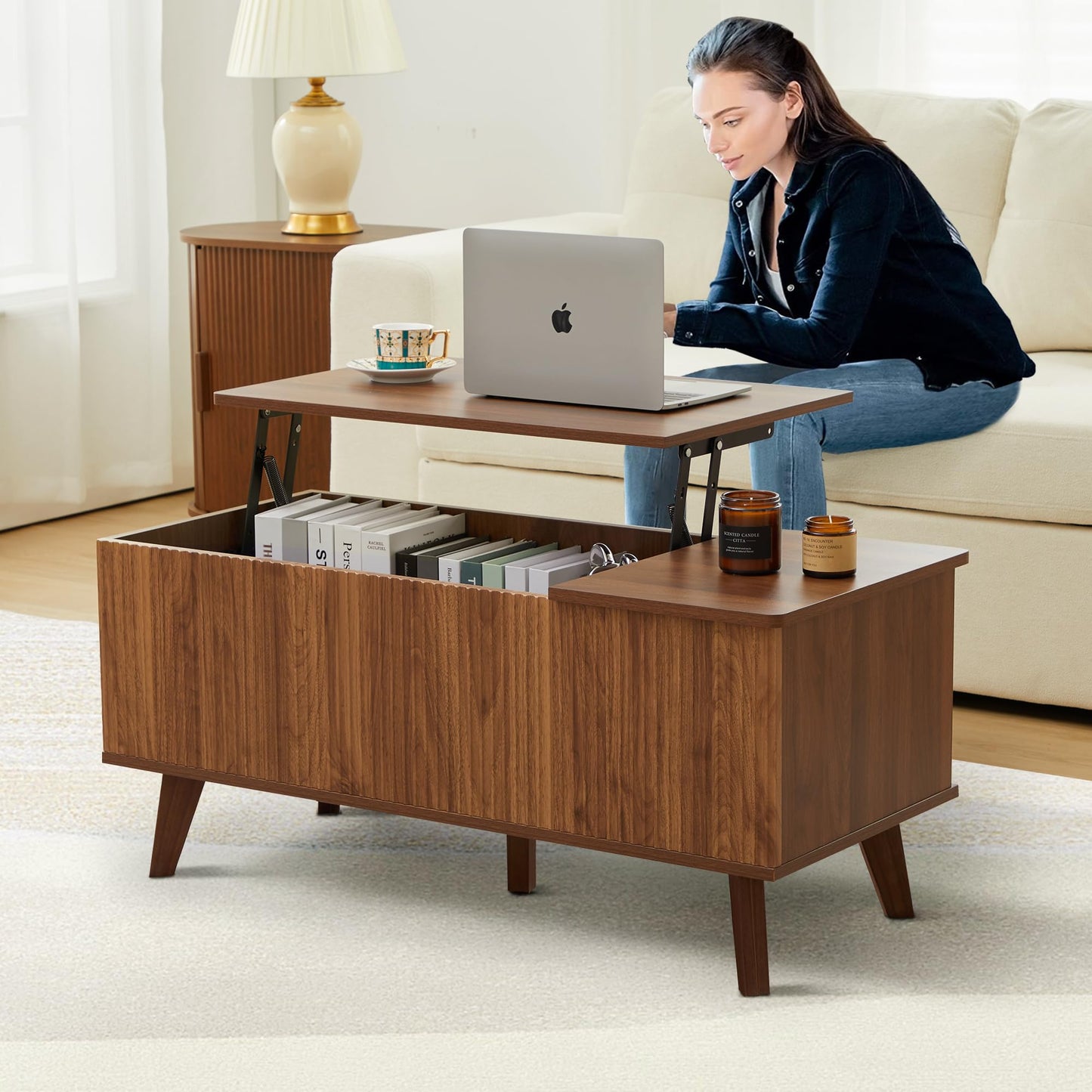 Wooden Fluted Lift Top Coffee Table with Hidden Compartment, Modern Rectangle Center Tables with Adjustable Storage Shelf, Lift Tabletop Dining Table for Home Living Room Office(Walnut)