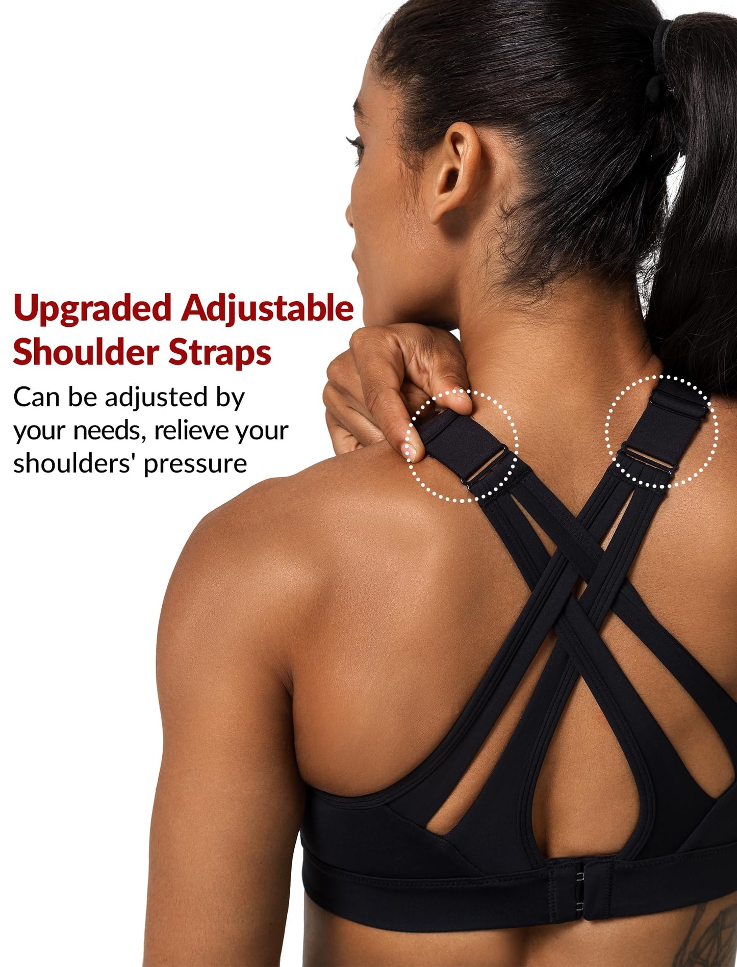 Yvette Sports Bra High Impact Adjustable Criss Cross Back, Full Support for Large Bust No Bounce,Black,S