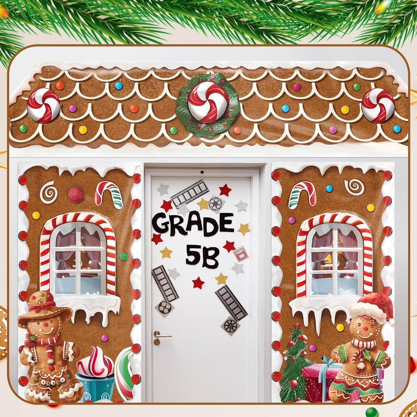 HunnmingRe 3 Pcs Christmas Gingerbread House Decorations Gingerbread Door Covers Backdrop Christmas Door Banners for Xmas Holiday Party Photography Photo Background Decor(Candy Style)