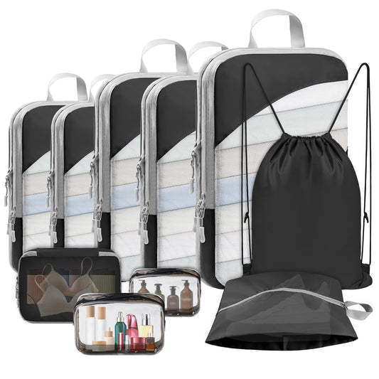 10 Set Compression Packing Cubes, Lightweight Travel Essentials, Stretchable Expandable Storage Bags, Compression Bags for Travel Accessories Luggage Storage Set (10 Pcs, Black)