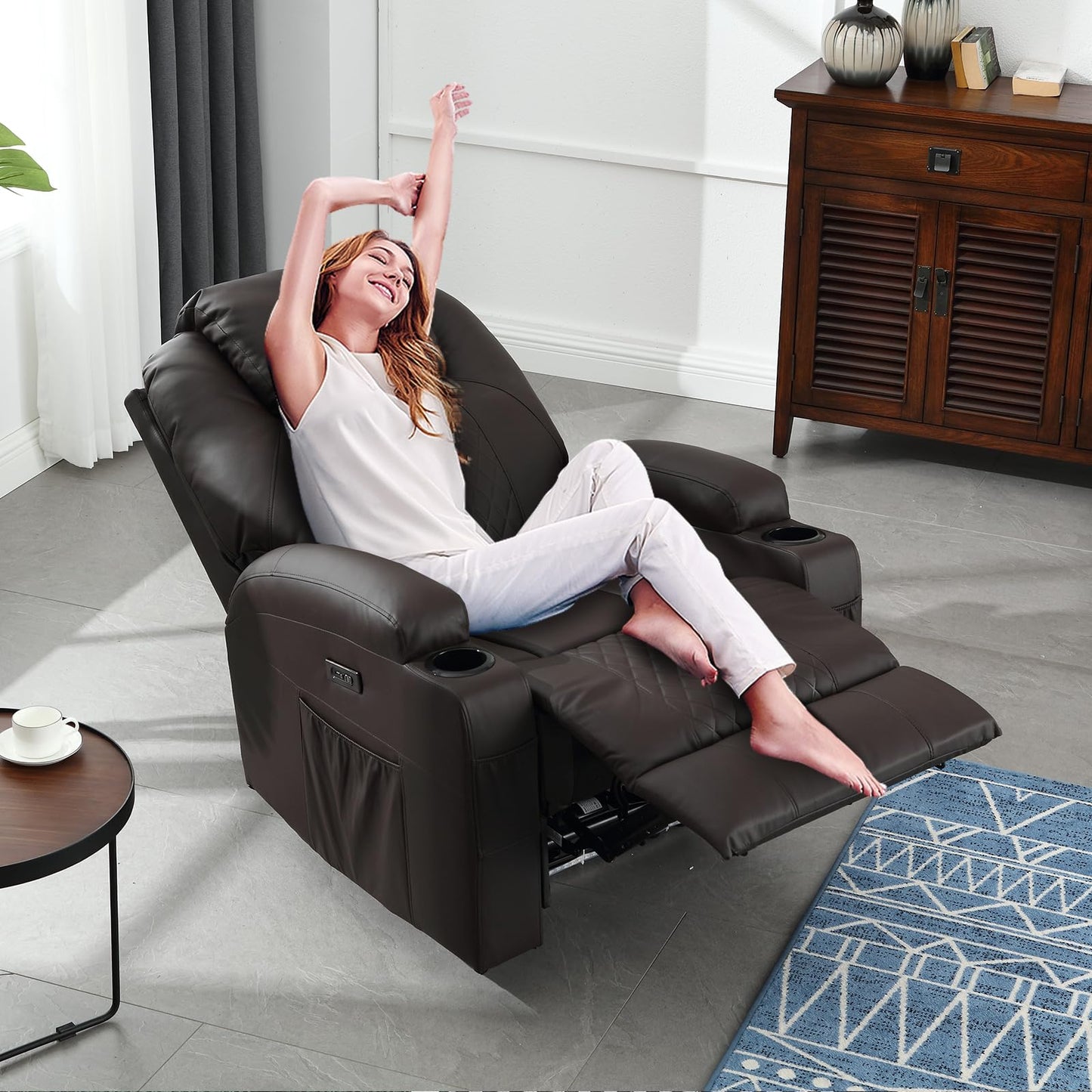 IBTKIG Power Recliner Chair with Heat and Massage, PU Leather Home Theater Seating with LED Lights/Cup Holders/Side Pocket/USB Port, Reclining Sofa Chair for Living Room (1, Brown)