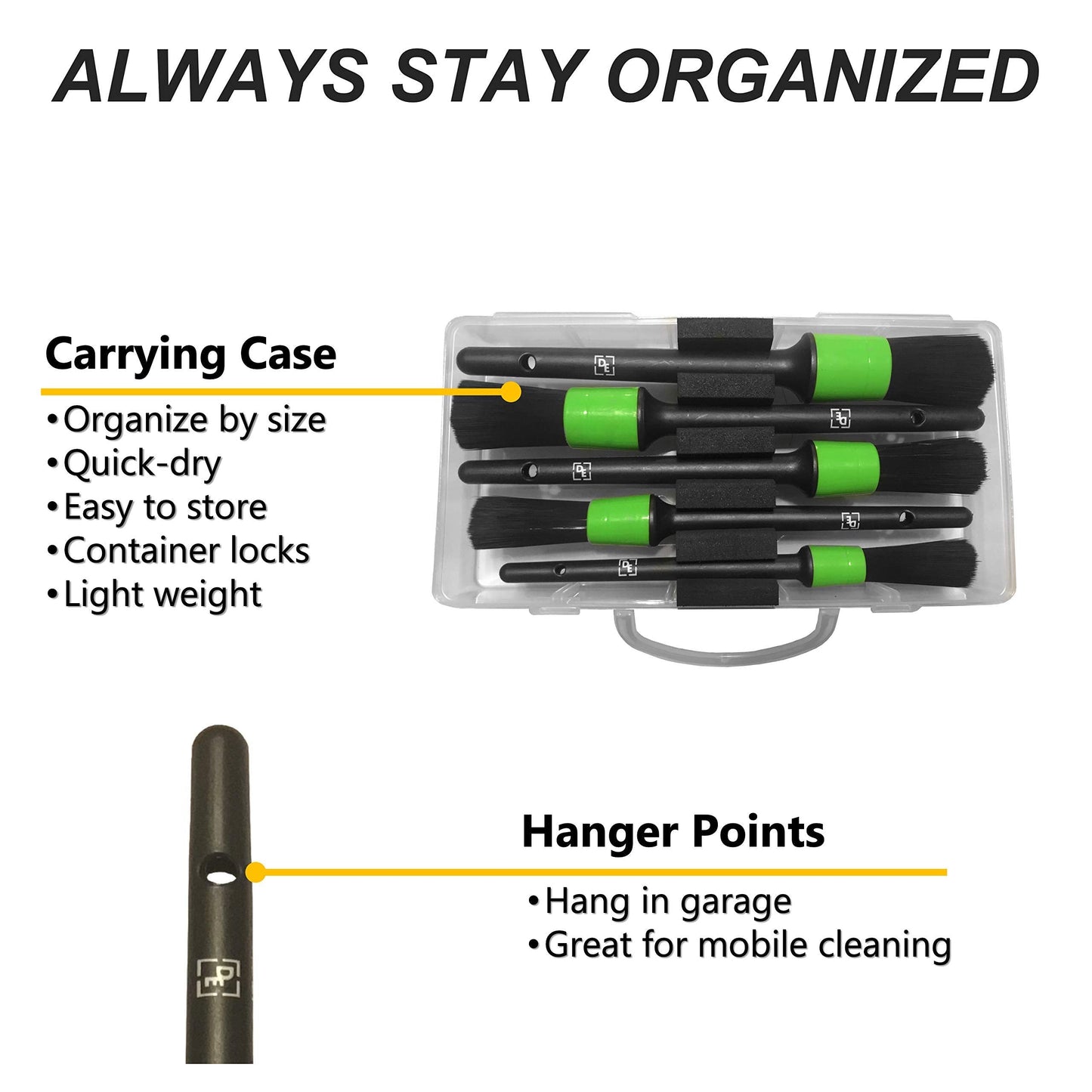 Detailshark Auto Detailing Brush Set (5) Best Car Detailing Brush Kit - Lug Nut/Leather/Wheel/Interior/Seat/Upholstery/Engine Washing - Reliable Brushes - Green