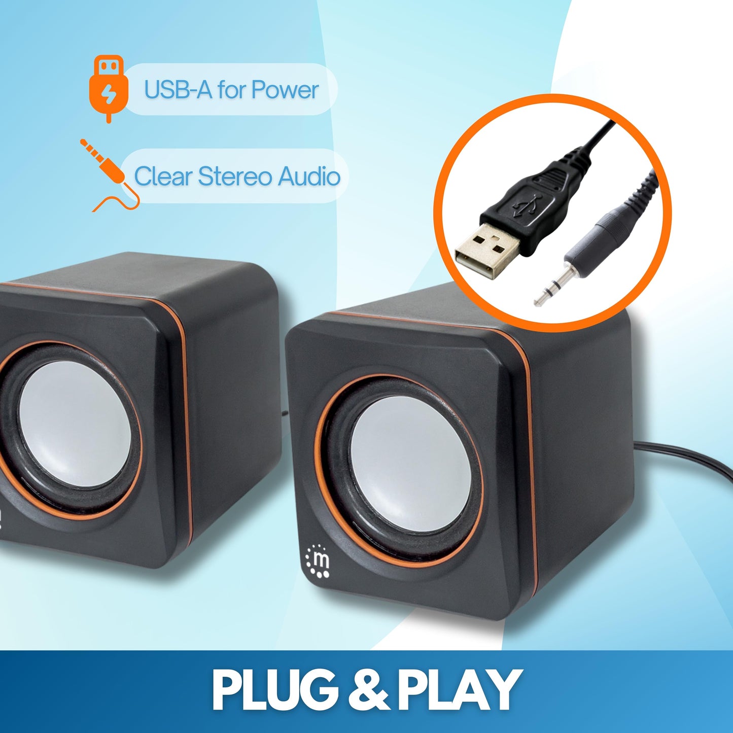 Manhattan USB Powered Stereo Speaker System - Small Size - with Volume Control & 3.5 mm Aux Audio Plug to Connect to Laptop, Notebook, Desktop, Computer - 3 Yr Mfg Warranty - Black Orange, 161435