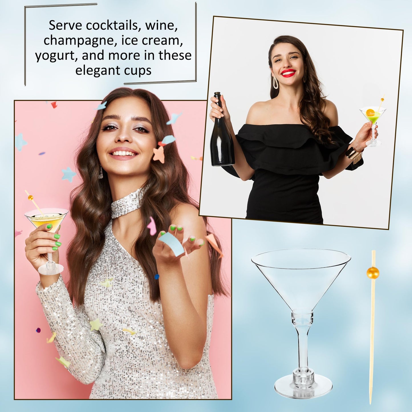 100 Pcs 5 oz Plastic Martini Glasses Set Includes 50 Pcs Tall Cocktail Glasses and 50 Pcs Short Martini Cups with 100 Pcs Cocktail Sticks for Birthday Wedding Disco Parties Wine Dessert Puddings