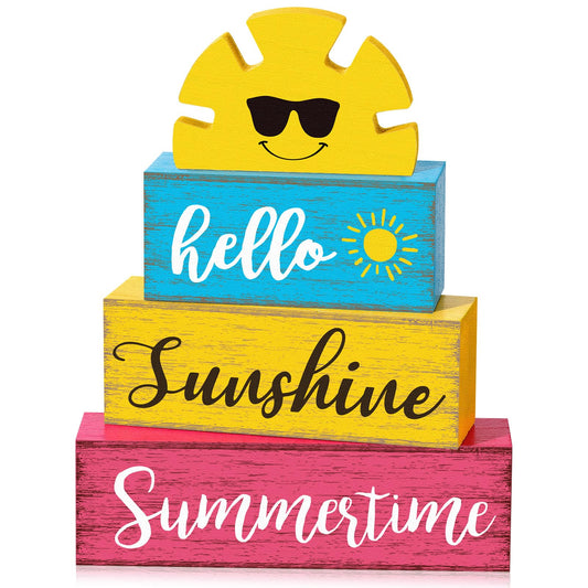 Yuntau Summer Table Decor Hello Sunshine Wooden Block Sign Farmhouse Summertime Beach Tiered Tray Decor Rustic Table Centerpieces Summer Decorations for Home Desk Shelf Mantle Office Decorations