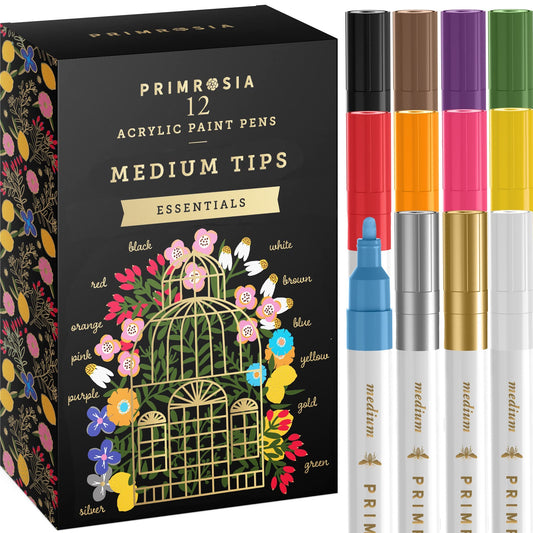 Primrosia 12 Essentials Acrylic Paint Pens Medium Tip Markers Set. Art supplies for DIY Craft, Drawing, Ceramics, Coloring, Rock Painting, Calligraphy and Lettering