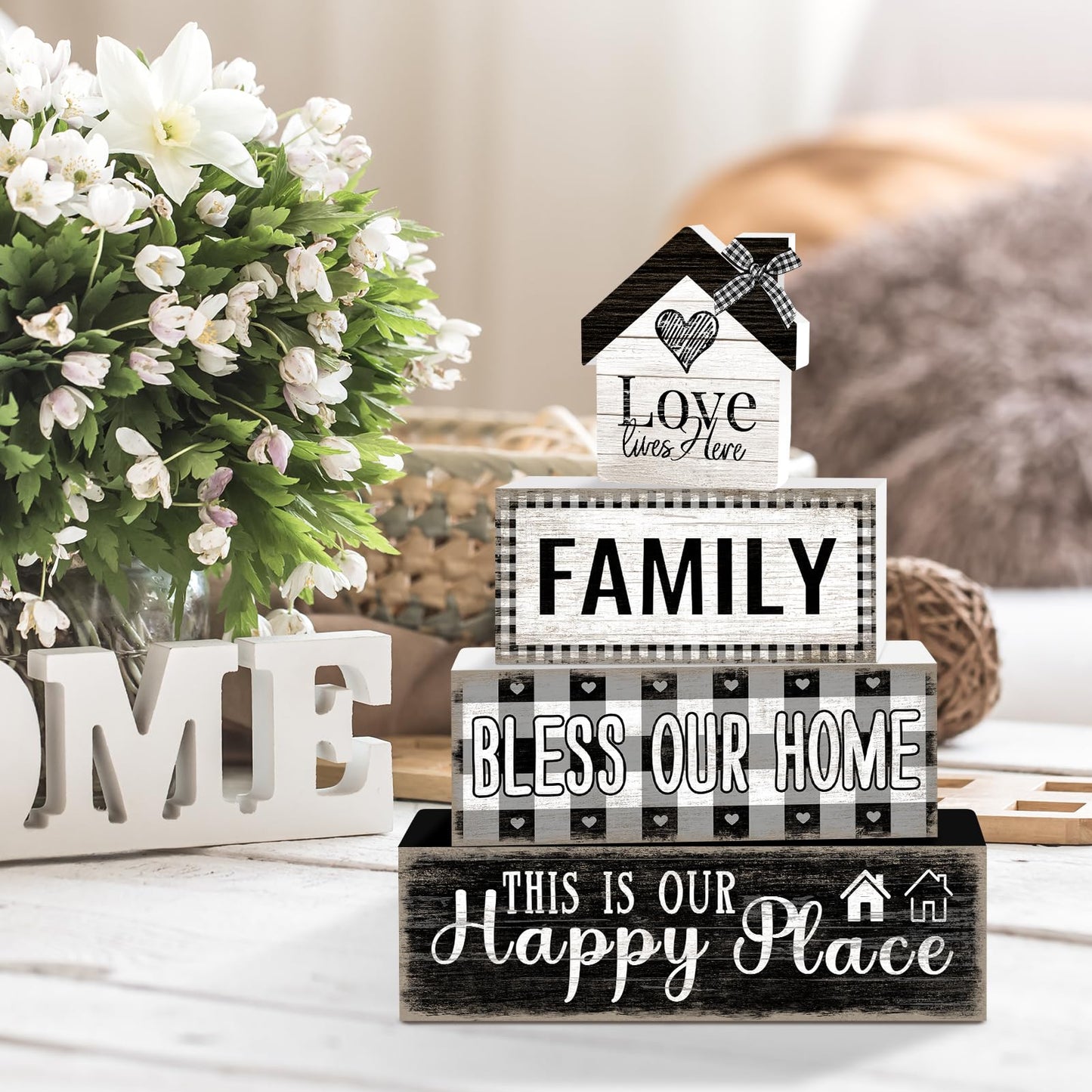 4 Pcs Farmhouse Family Wooden Tiered Tray Decor Set, Rustic Bless Our Home Wood Table Decor Buffalo Plaid Distressed Stack Block Signs Tabletop Centerpieces for Home Kitchen Shelf Mantle Decorations