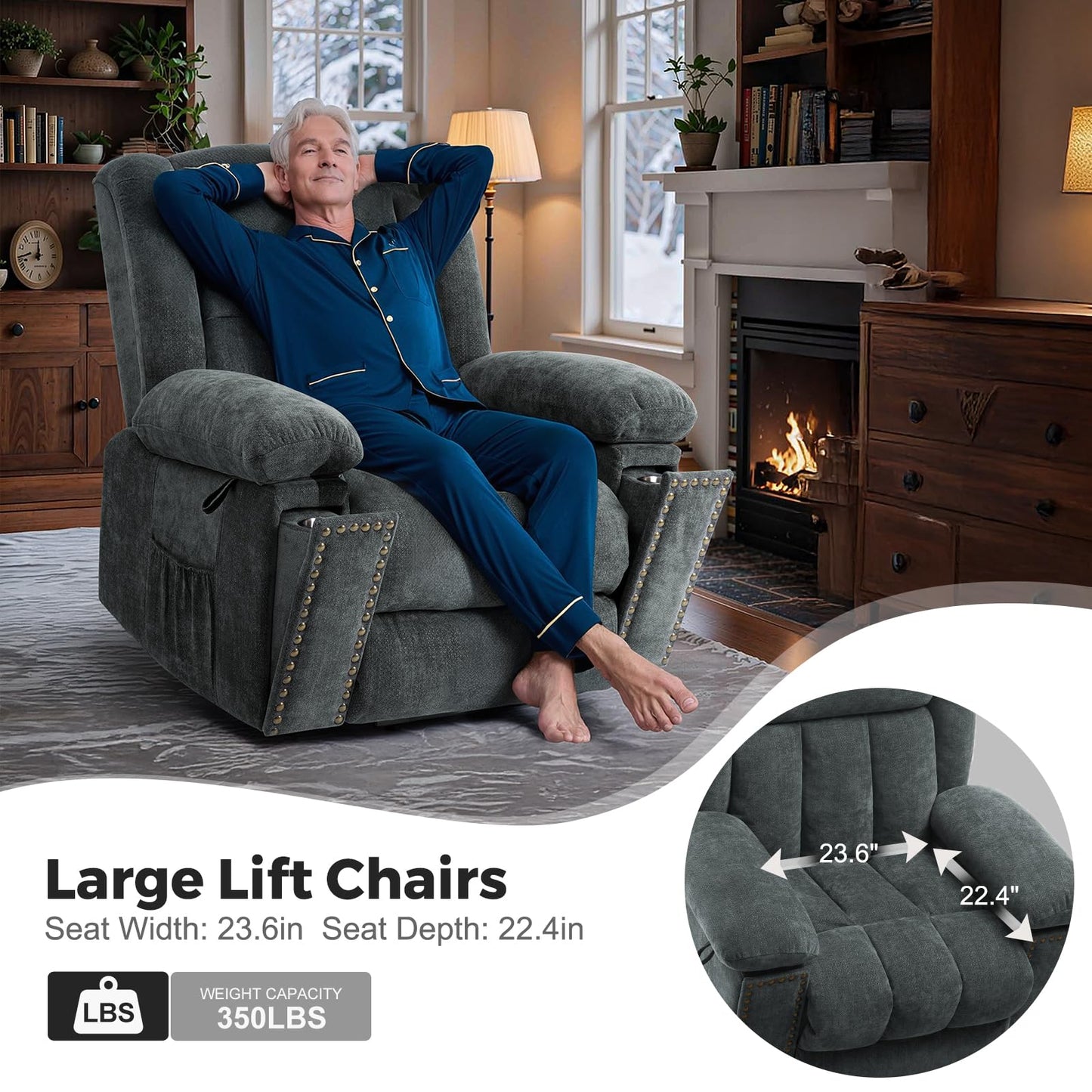 SENYUN Electric Power Lift Recliner Chair for Elderly with Heat & Massage, Chenille Large Reclining Chairs w/2 Concealed Cup Holders for Seniors Home Living Room,1PC,Grey Blue