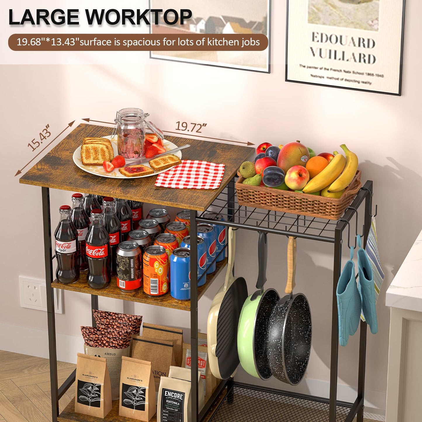 Kitchen Stand with Pots Rack, Utility Microwave Oven Stand with Storage, 5 Tiers Coffee Bar Table, Small Kitchen Bakers Rack with 6 S Hooks, Kitchen Storage Shelf Rack for Spices, Pots, Rustic Brown