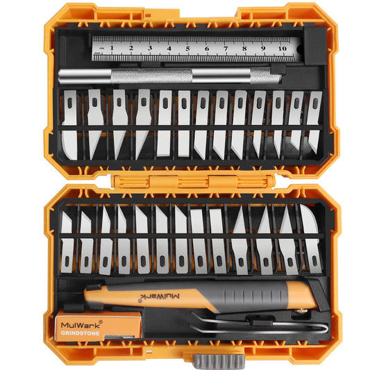MulWark 32-Piece Precision Hobby Knife Set - Exacto Knife Set For Modeling - Craft Knife Handle Customized With Chiseling, Stencil Edge And Fine Point Blades With Sharpening Stone And Steel Ruler
