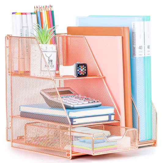 Desk Organizer, File Organizer for Desk with 2-Tier Paper Letter Tray, Drawer and 2 Pen Holder, Mesh Desktop Organization with Magazine Holder for Office Supplies