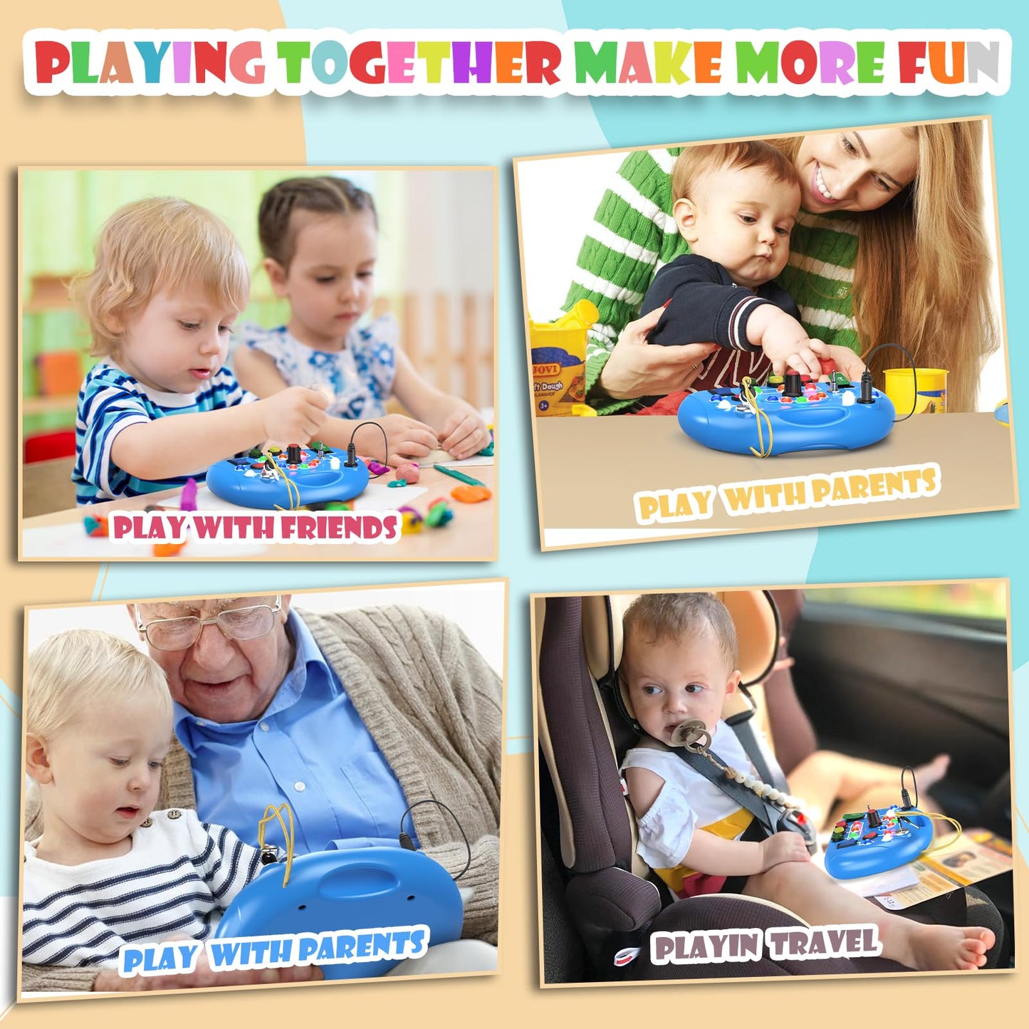 JIWORT Busy Board with LED Light, Montessori Busy Board for 1+ Year Old, Sensory Toys for Toddlers 1-3, Fidget Board Travel Toys for Kids Preschool Learning Activities Boys Birthday (Blue)