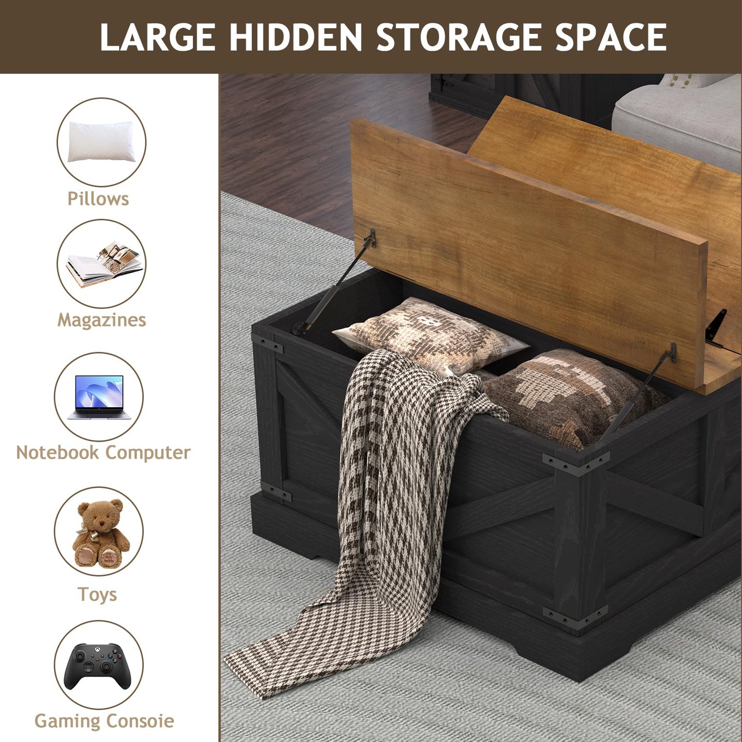 REVOMINCA Farmhouse Coffee Table with Hidden Storage Compartment, Black Square Coffee Table for Living Room, Wood Center Table with Hinged Lifting Tabletop for Home