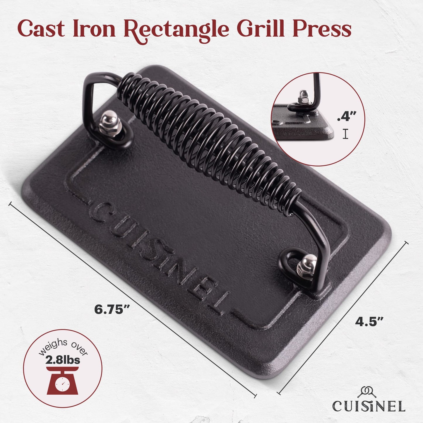 Cuisinel Cast Iron Grill Pan + Rectangular Cast Iron Grill Press + Tempered Glass Lid + Pan Scraper – Pre-Seasoned Ribbed Skillet – 10.5"-Inch Square Grilling Indoor/Outdoor Camping Fire BBQ Cookware