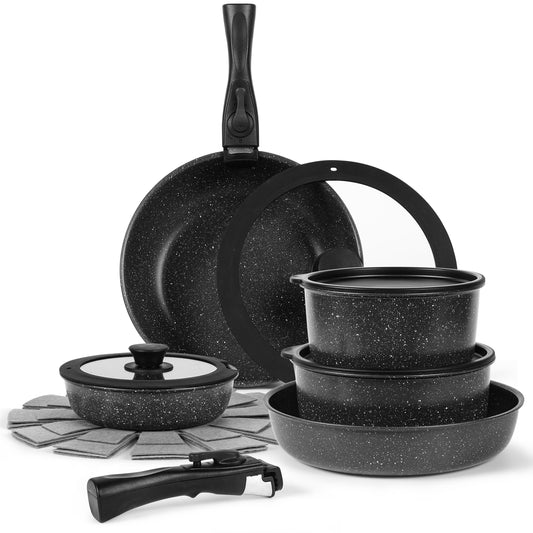 15-Piece Premium Nonstick Cookware Set – Marble Coated Pots & Pans (Interior & Exterior), Removable Handle, Space-Saving for RVs & Small Kitchens, Induction & Oven Safe, PFOA-Free