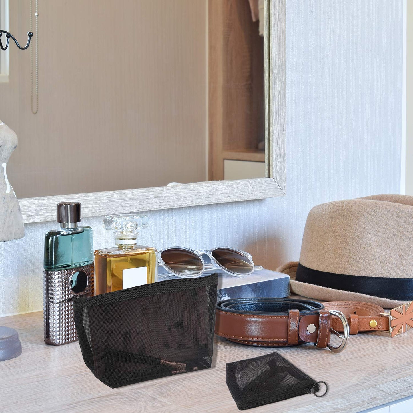 Boao 3 Piece Mesh Cosmetic Bag Mesh Makeup Bag with Zipper Pouch Travel Toiletry for Makeup Organizer Home Office Travel Accessories(Black)