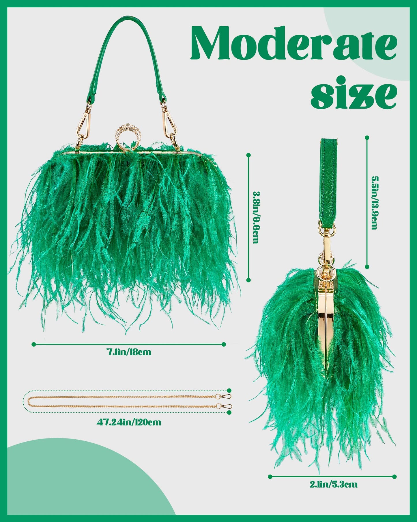 Tessco Women Ostrich Feather Tote Bag Fluffy Purse Clutch Feather Evening Handbag for Wedding(Green)