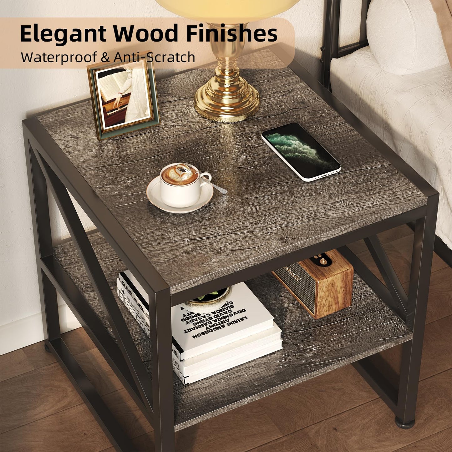 Mexin 20 Inch Square End Table, Mini Fridge Stand with 2-Tier Storage Shelf, High Load Capacity Side Table for Living Room Bedroom, Grey Oak