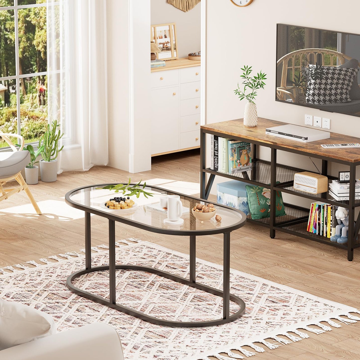 Wolawu Coffee Table Black Glass Coffee Tables for Living Room, Oval Table Center Table with Sturdy Metal Frame,Modern Tempered Glass Accent Tables for Bedroom Home Office