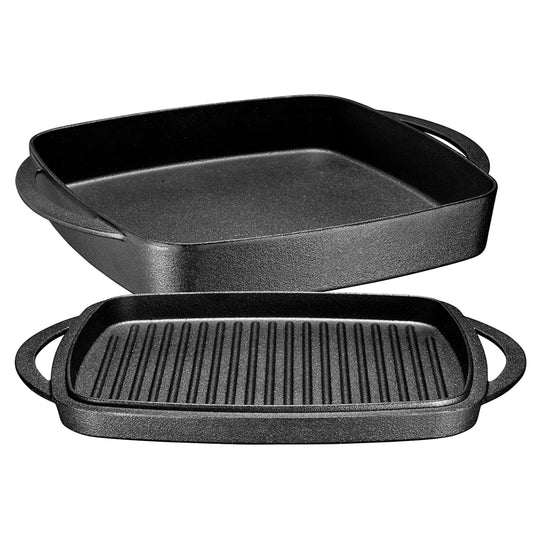 Bruntmor 2-in-1 Pre-Seasoned Cast Iron Dutch Oven and Grill Pan with Dual Handles - 11-Inch Non Stick Square Casserole Dish with Lid - Cast Iron Cookware for Braising, Crock Pot and Oven Safe Skillet