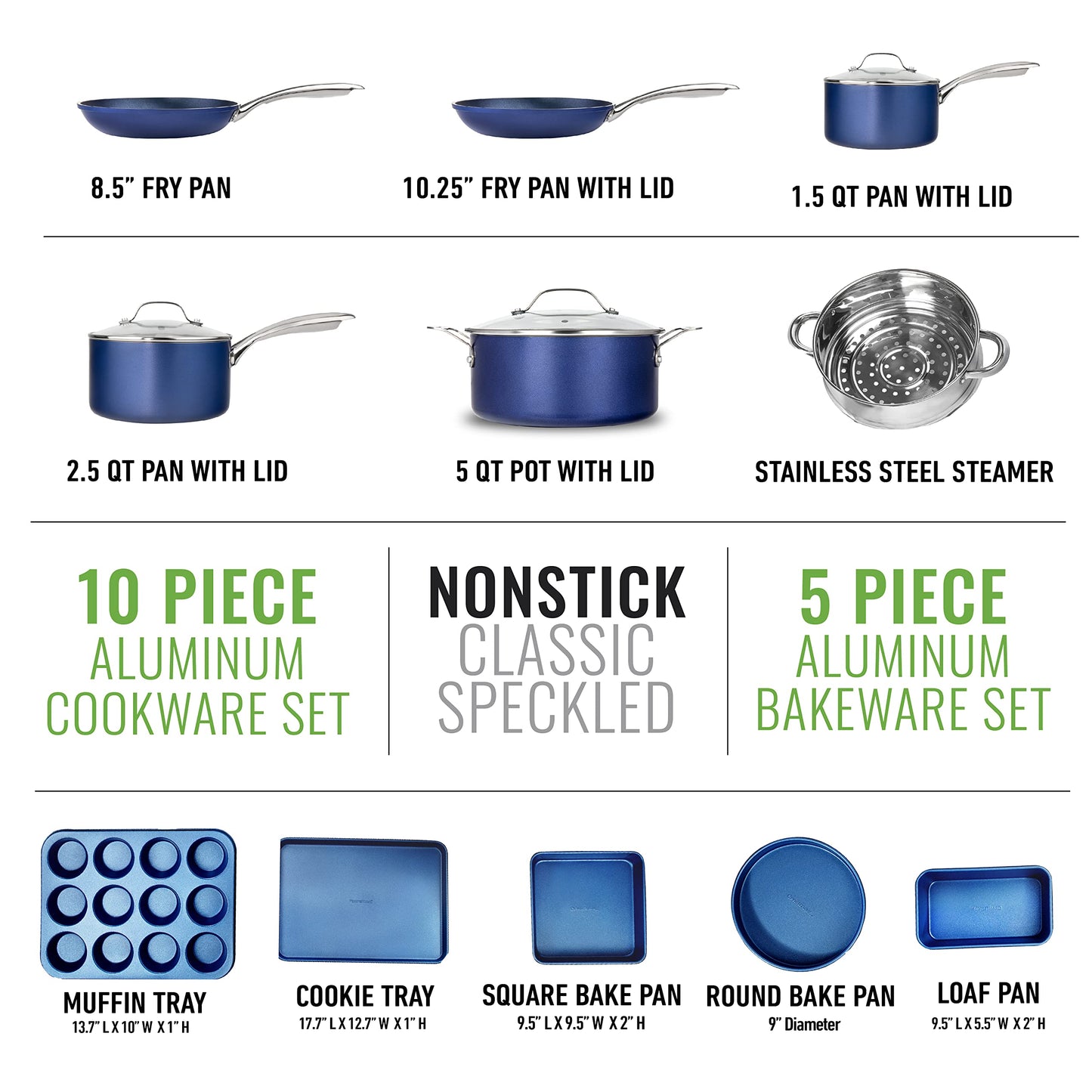 Granitestone 15 Pc Kitchen Pots and Pans Set Non Stick, Kitchen Cookware Sets, Pot and Pan Set, Nonstick Cookware Set, Diamond Coated Non Stick Pots and Pan Set, Dishwasher Safe - Blue