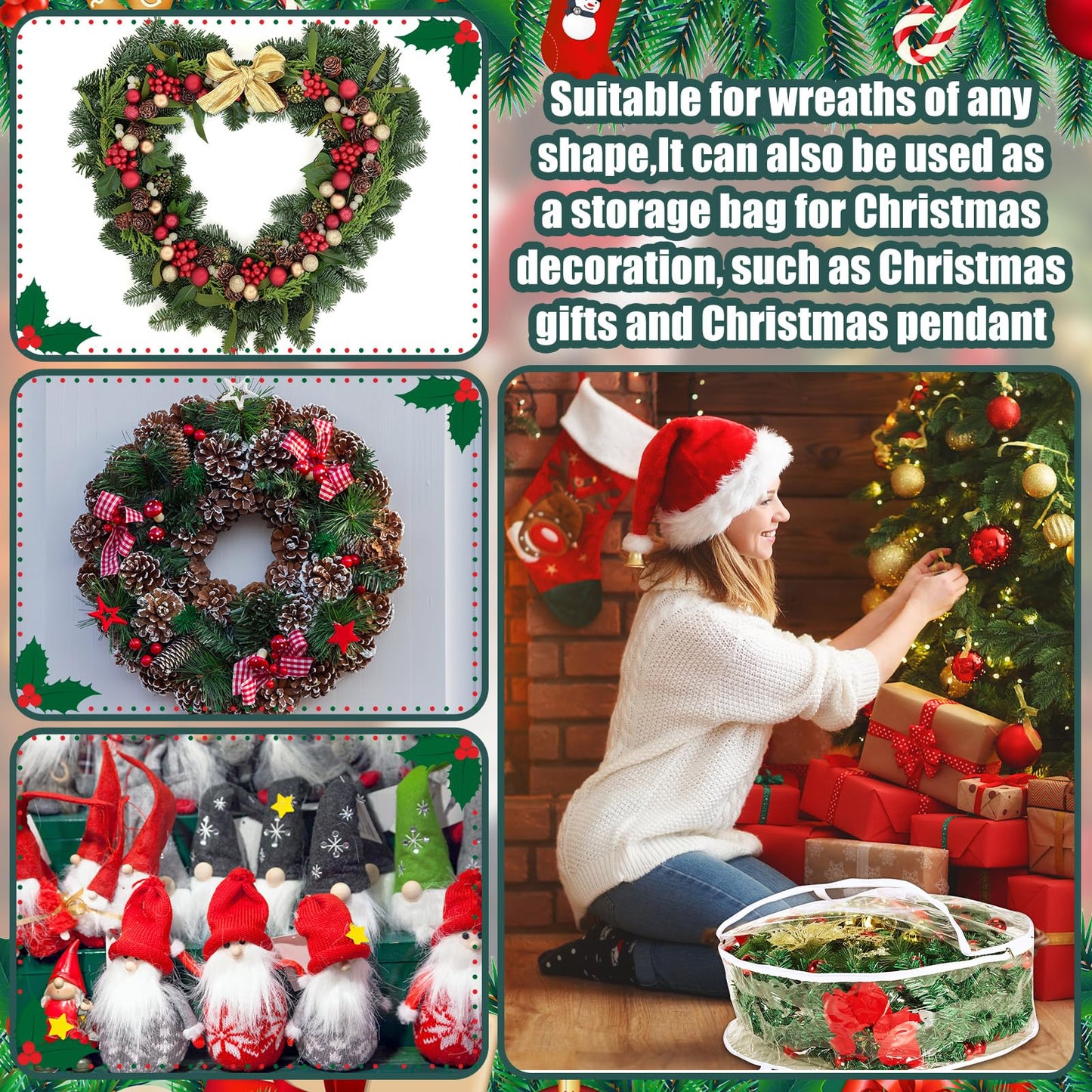 Shappy 4 Pieces Clear Christmas Wreath Storage Container 24 Inches Xmas Wreath Storage Bag Plastic Christmas Garland Container with Dual Zippers and Reinforced Handles for Xmas Seasonal (Clear)