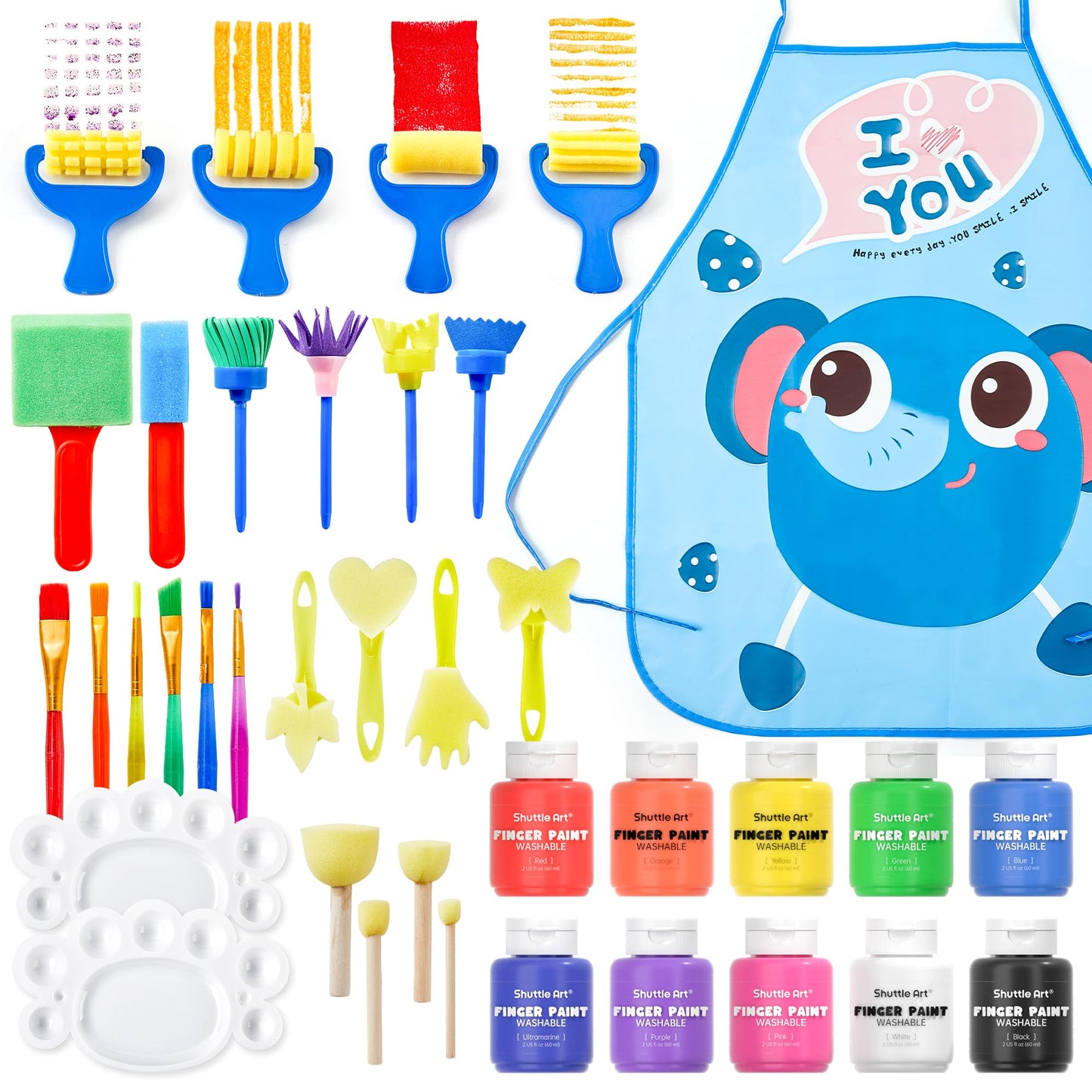 Kids Washable Finger Paints Set, Shuttle Art 33 Pack Non Toxic Kids Painting Set with 10 Colours (60ml) Finger Paints, Paint Pad, Sponge Paint Brushes, Eco Natural for Children and Toddler