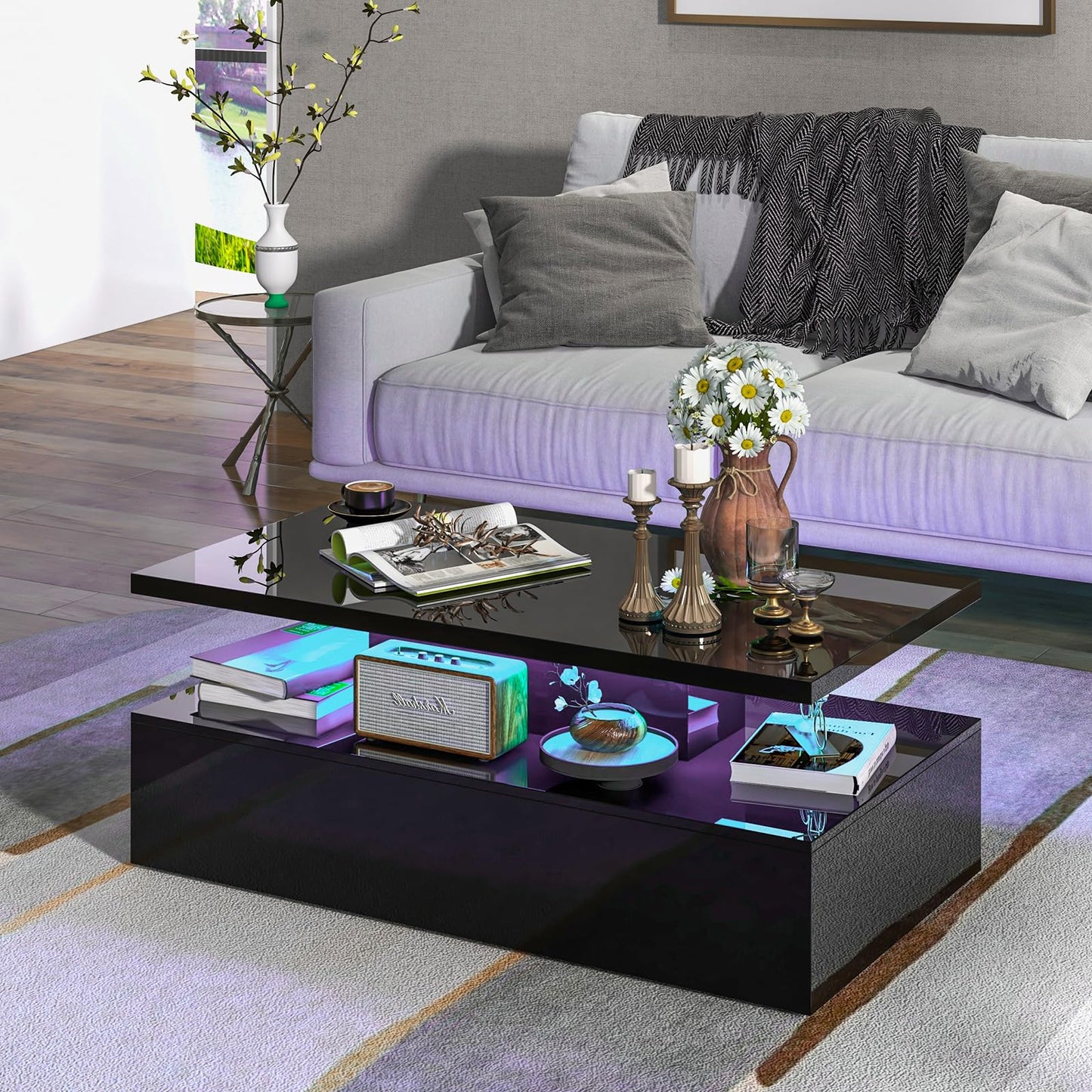 Tangkula LED Coffee Table, Modern High Gloss Coffee Table w/ 20-Color LED Lights, Adjustable Speed & Brightness, Remote Control, Open Shelf, 2-Tier Rectangle Living Room Center Table (Black)