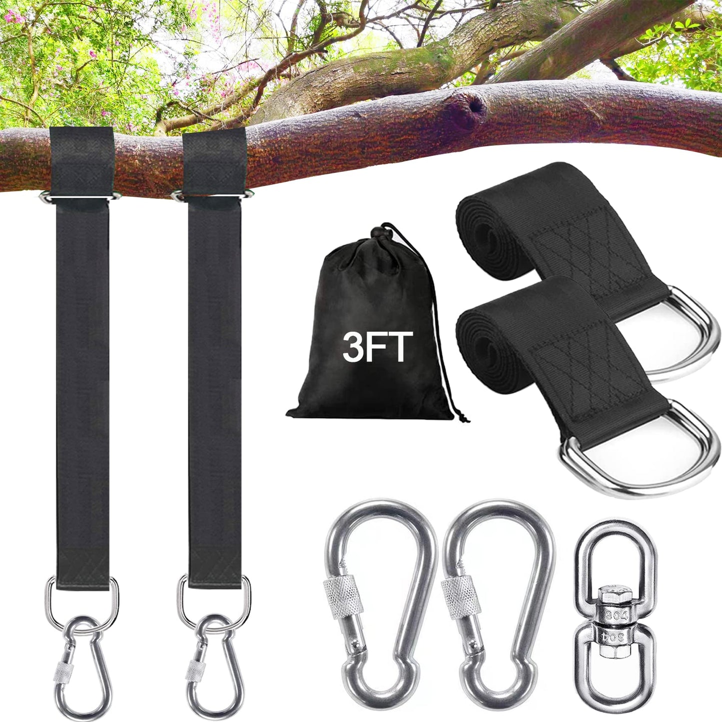 Safe Tree Swing Hanging Straps Kit, 3FT/10FT/15FT/20FT, Heavy Duty Holds 5500LBS Extra Long Adjustable Tree Swing Straps, Easy & Fast Way to Hang Any Swing or Hammock(3 FT)