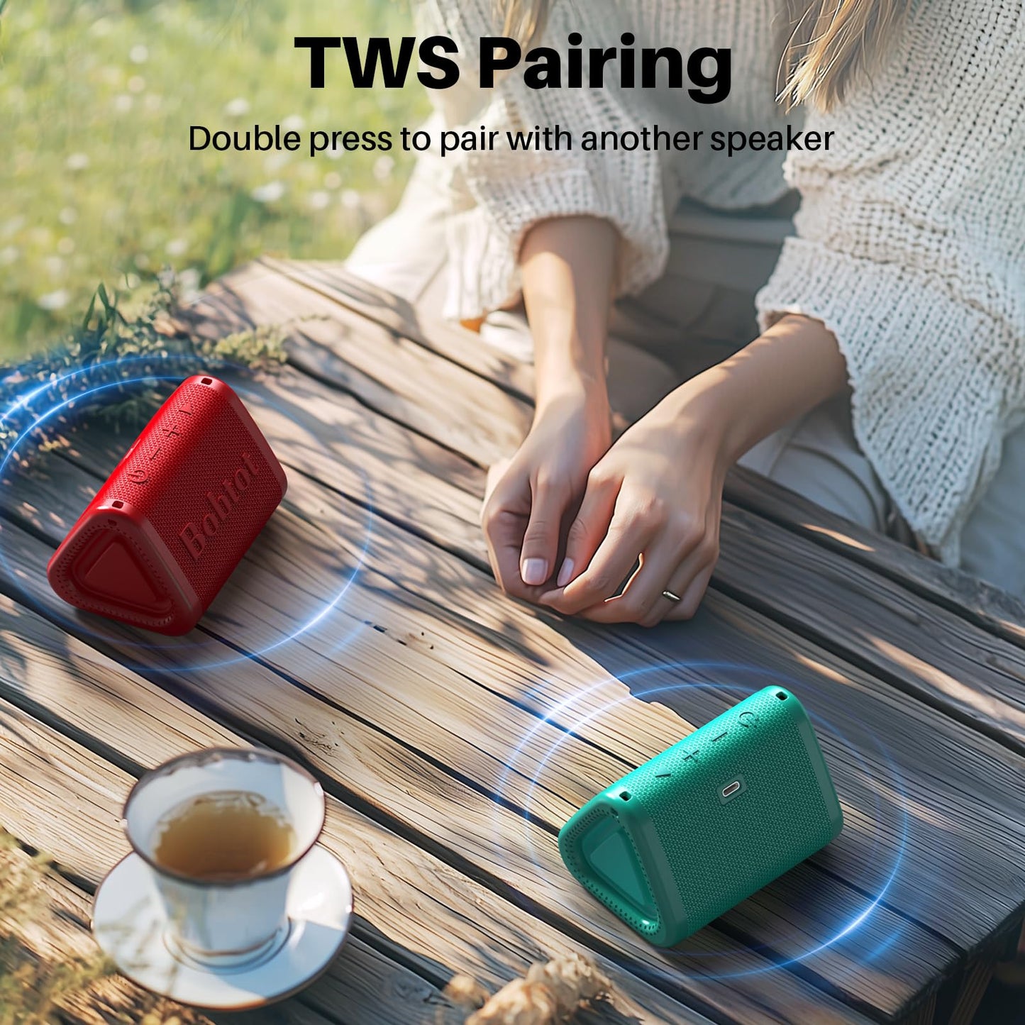 Bobtot Portable Bluetooth Speaker Wireless, IPX7 Small Shower Speaker Waterproof, 15H Playing Time, Loud and Stereo Sound with Bass, TWS Pairing for Party, Camping, Travel, Green