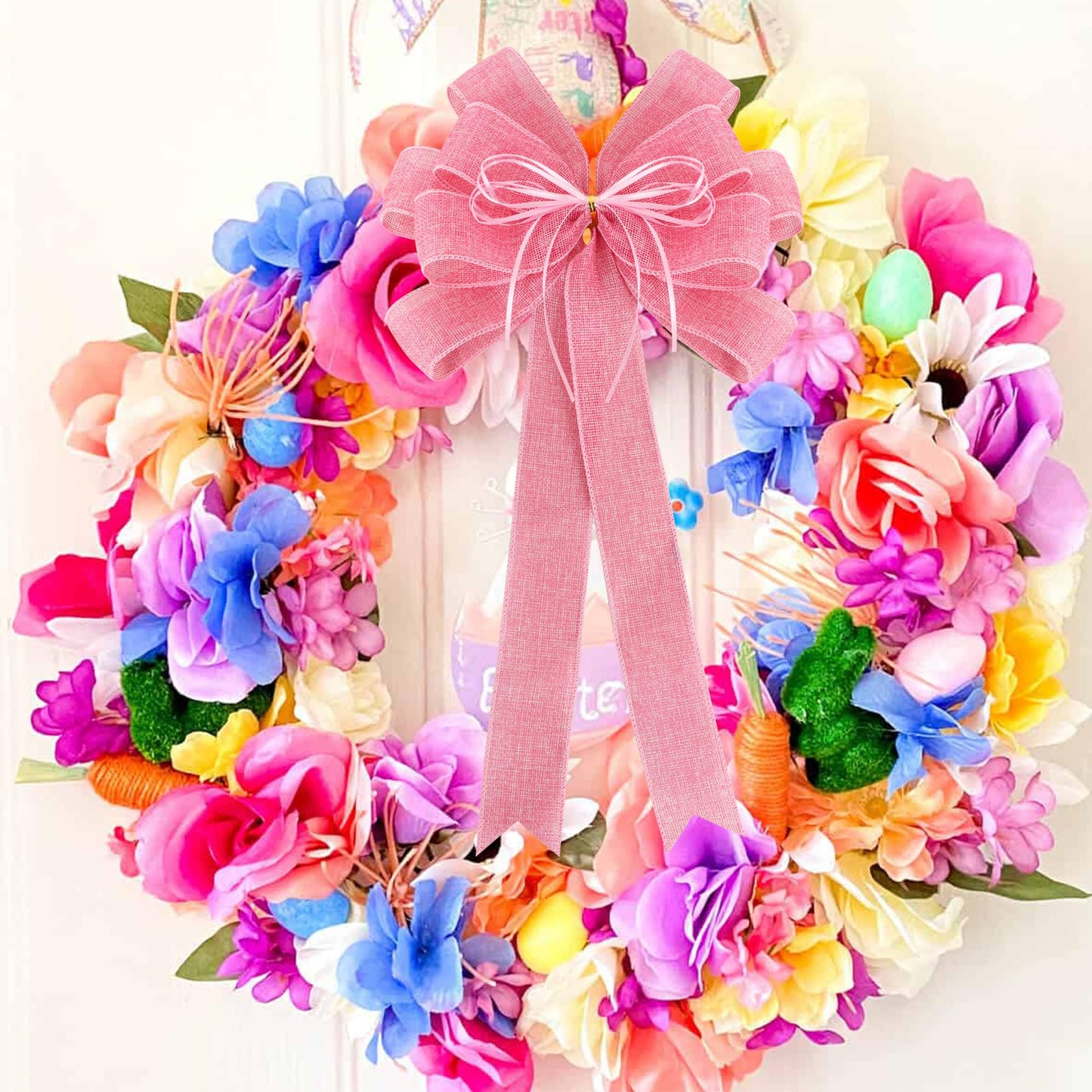 RIBBOOO 2 Pack Pink Christmas Tree Bows 12x20inch Large Burlap Wreath Bow with Glitter String for Christmas Tree Topper,Home Front Door Decor,Easter Bow, Valentines and Party Decor