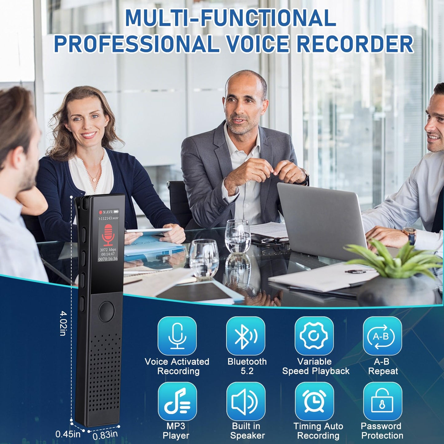 WearHome 64GB Digital Voice Recorder - Bluetooth Playback, 3072KBPS Voice Activation, Password Protection - Ideal for Lectures, Meetings, Interviews.